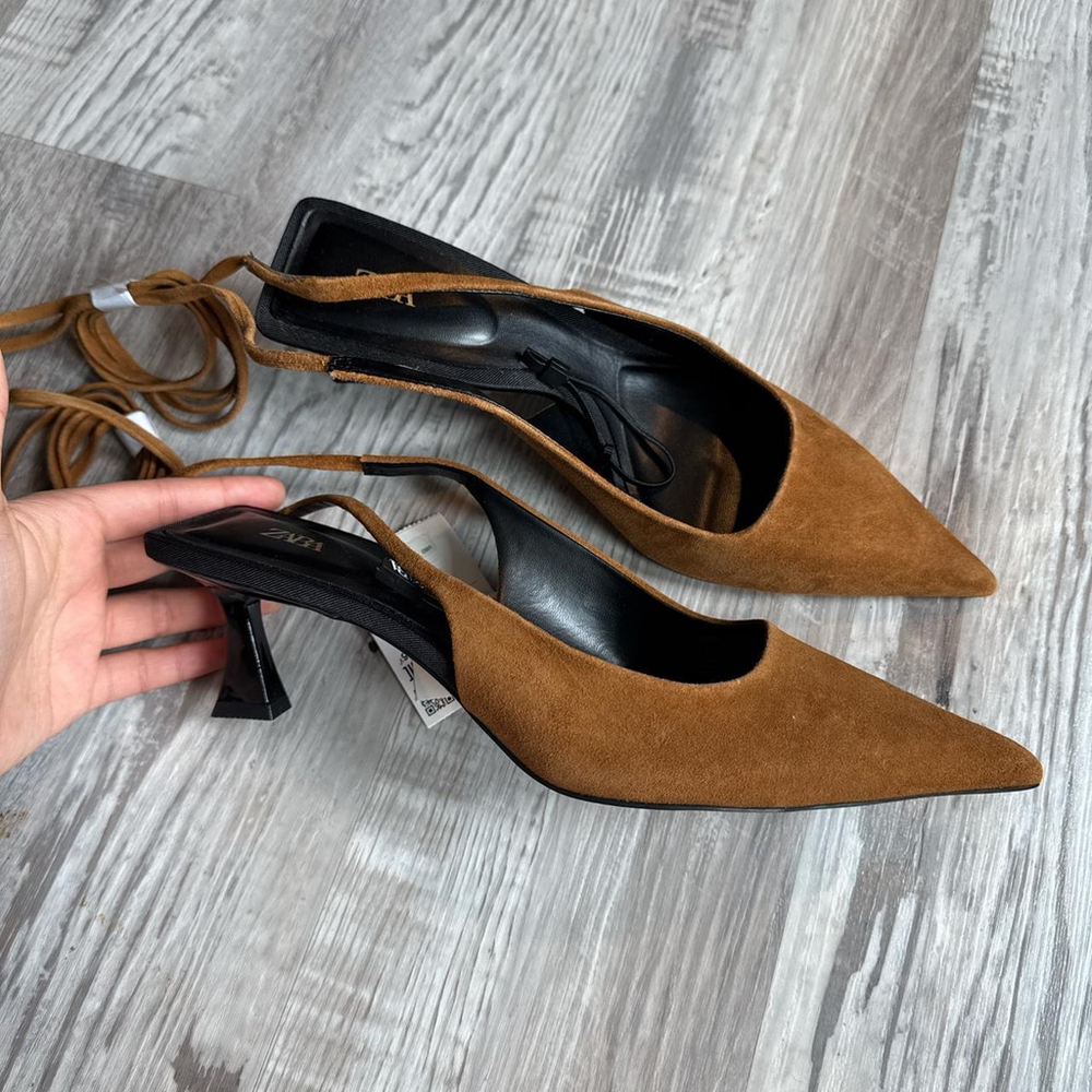 ZARA LACE-UP LEATHER SLINGBACK HEELS - BRAND NEW WITH TAGS - Picture 6 of 8